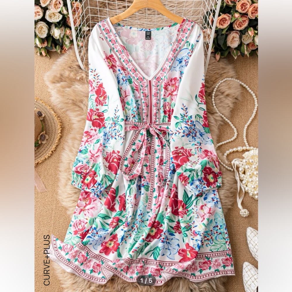 SHEIN White Floral Midi Dress with Pink & Green Accents